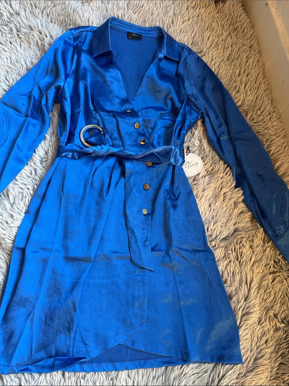 Women’s Royal Blue Satin Belted Shirt Dress